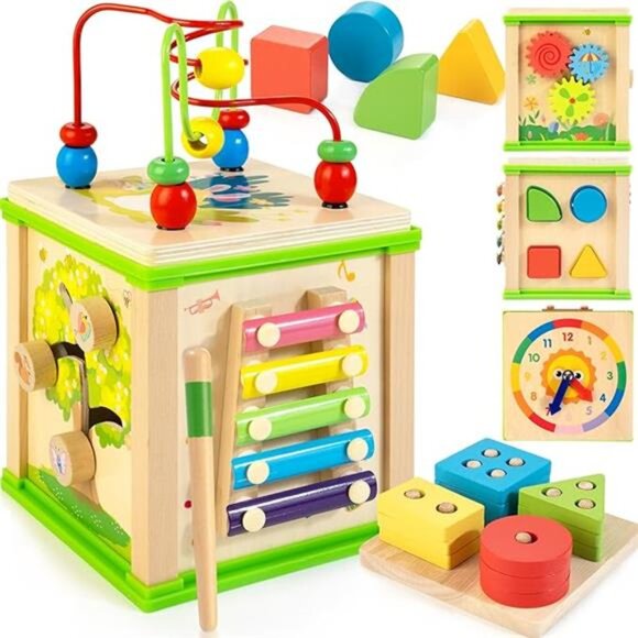 Wooden 7-in-1 Activity Cube| Montessori Toys for 1 2 3 Year Old Toddlers| Baby - Picture 7 of 7